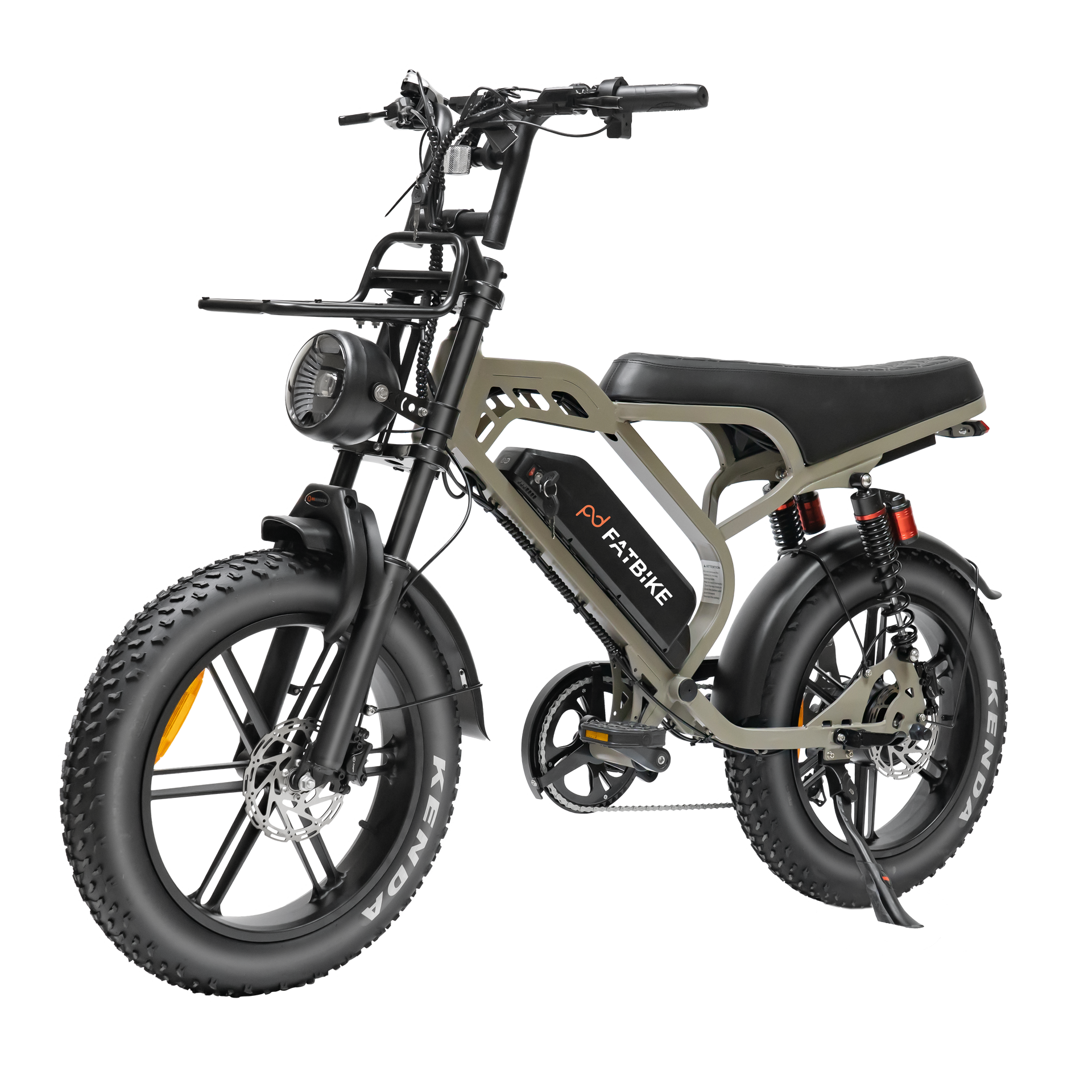 Olive-green electric bike with fat tires, black handlebars, and a headlight on a white background.