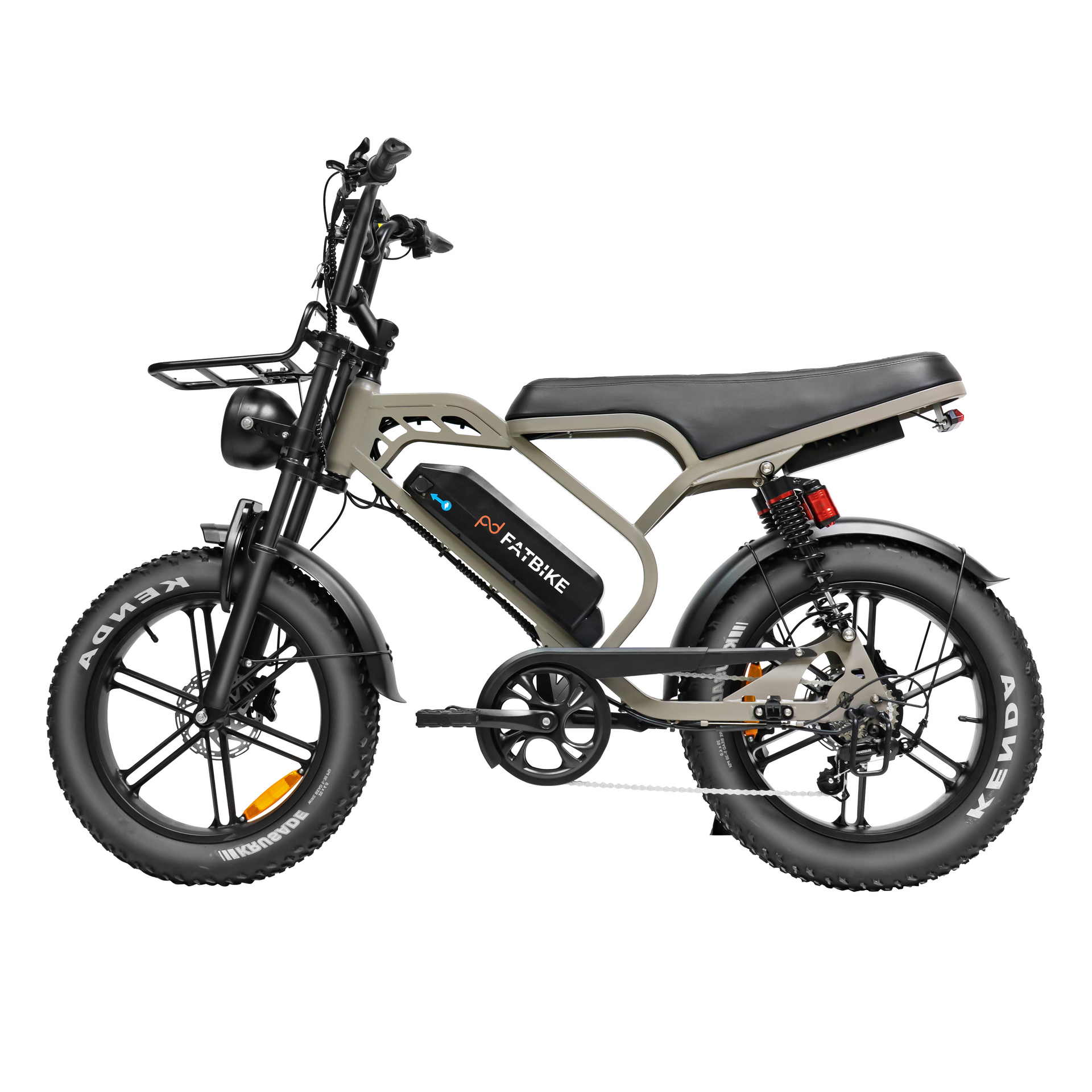 Gray electric bicycle with a black battery and thick tires.