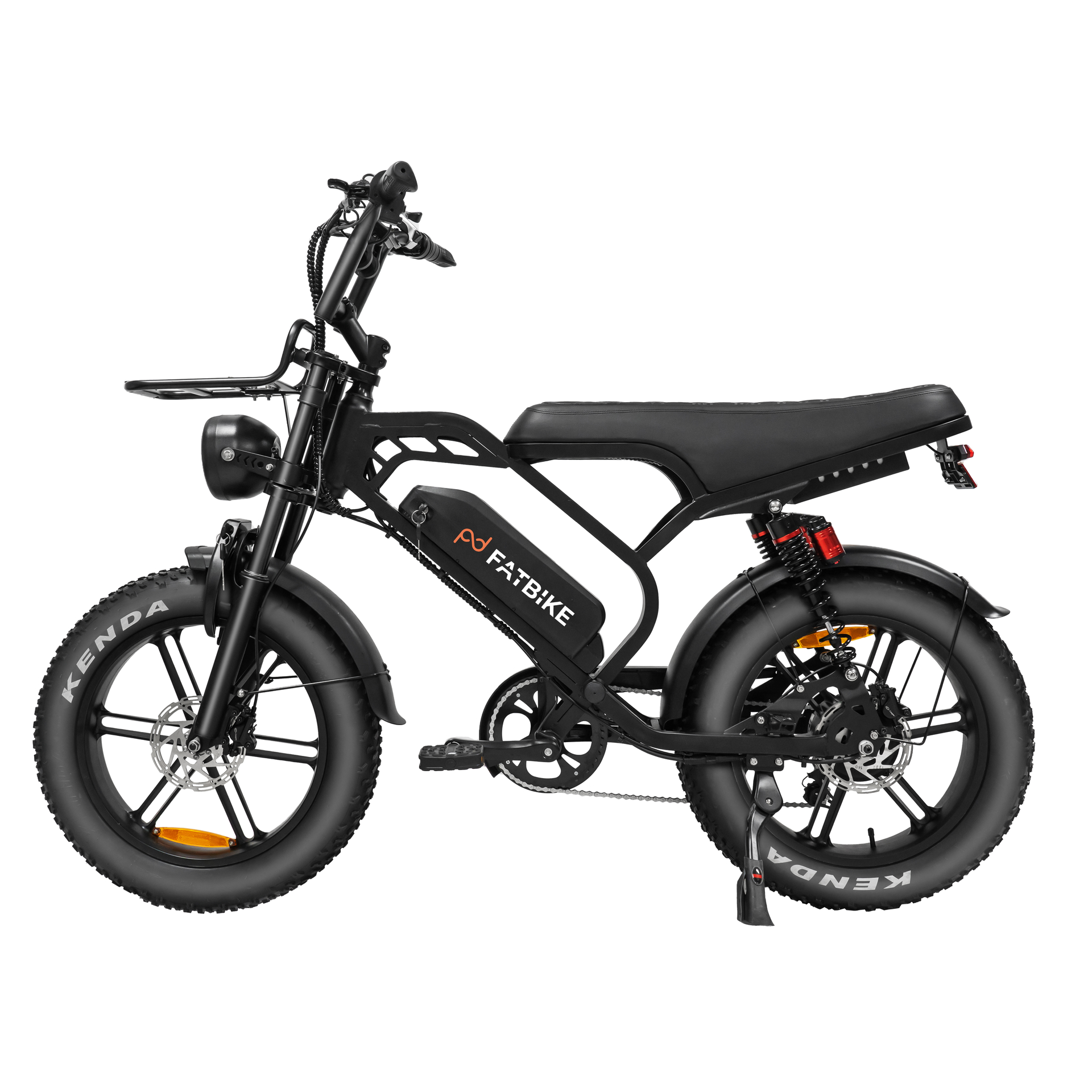 Black electric fat bike with Kenda tires, front basket, and a headlight.
