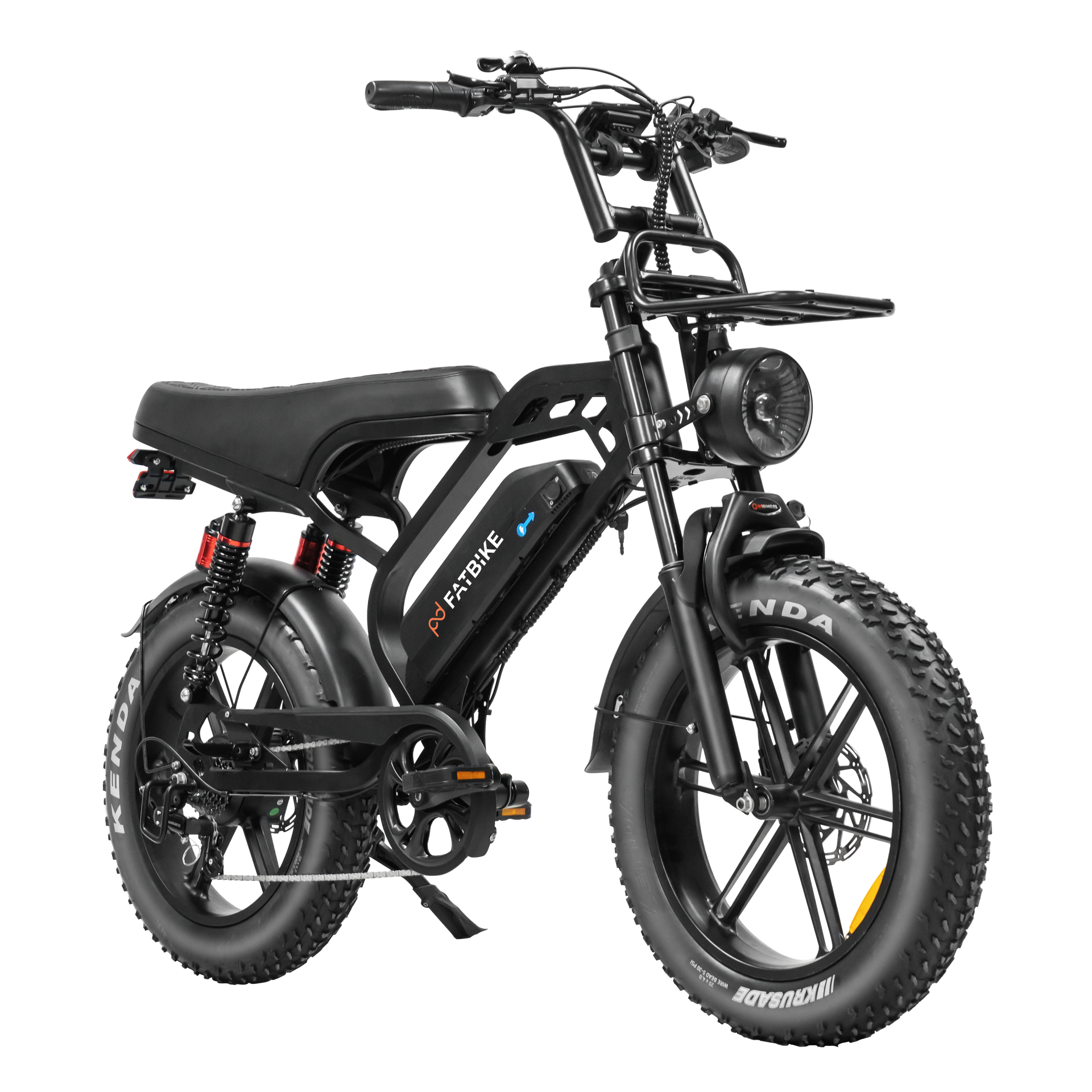 Black electric fat tire bike with cargo rack, headlight, and motorcycle-style handlebars.