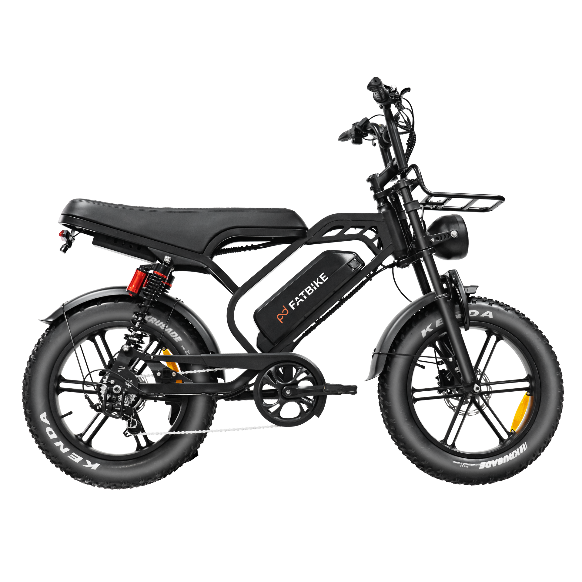 Black electric bike with fat tires, front basket, and headlight.