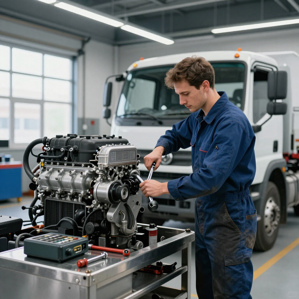 ASE certified diesel mechanic replacing radiator on a semi truck in Denver, Colorado.