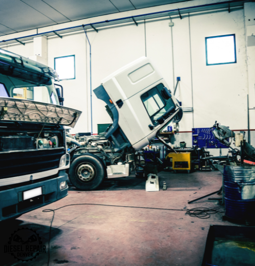 A truck in a garage with its hood up