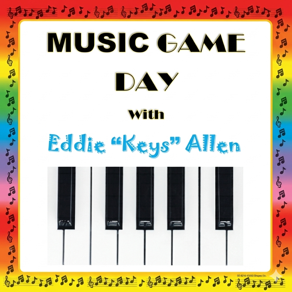 Music game day poster with colorful border, piano keys, and text for Eddie “Keys” Allen