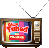 Brown retro TV with colorful screen reading