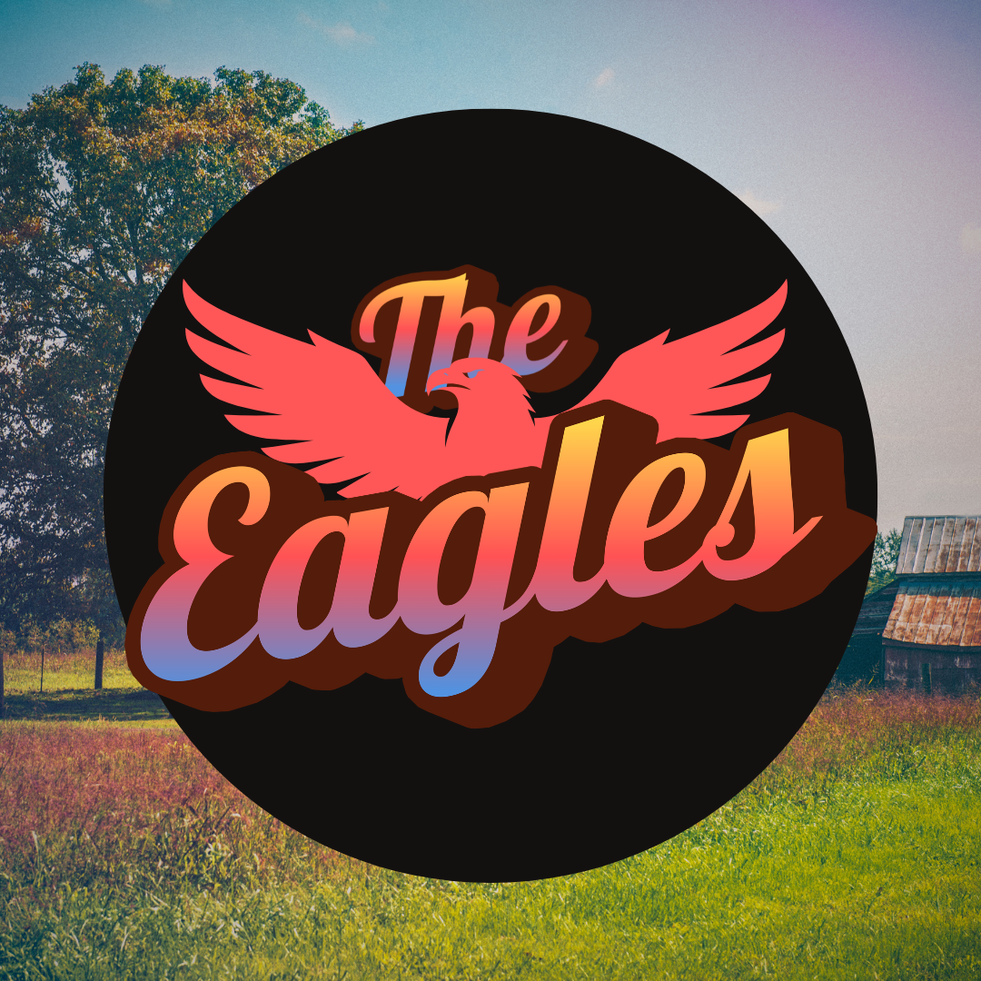 Black circular logo with red wings and “The Eagles” over a grassy outdoor background