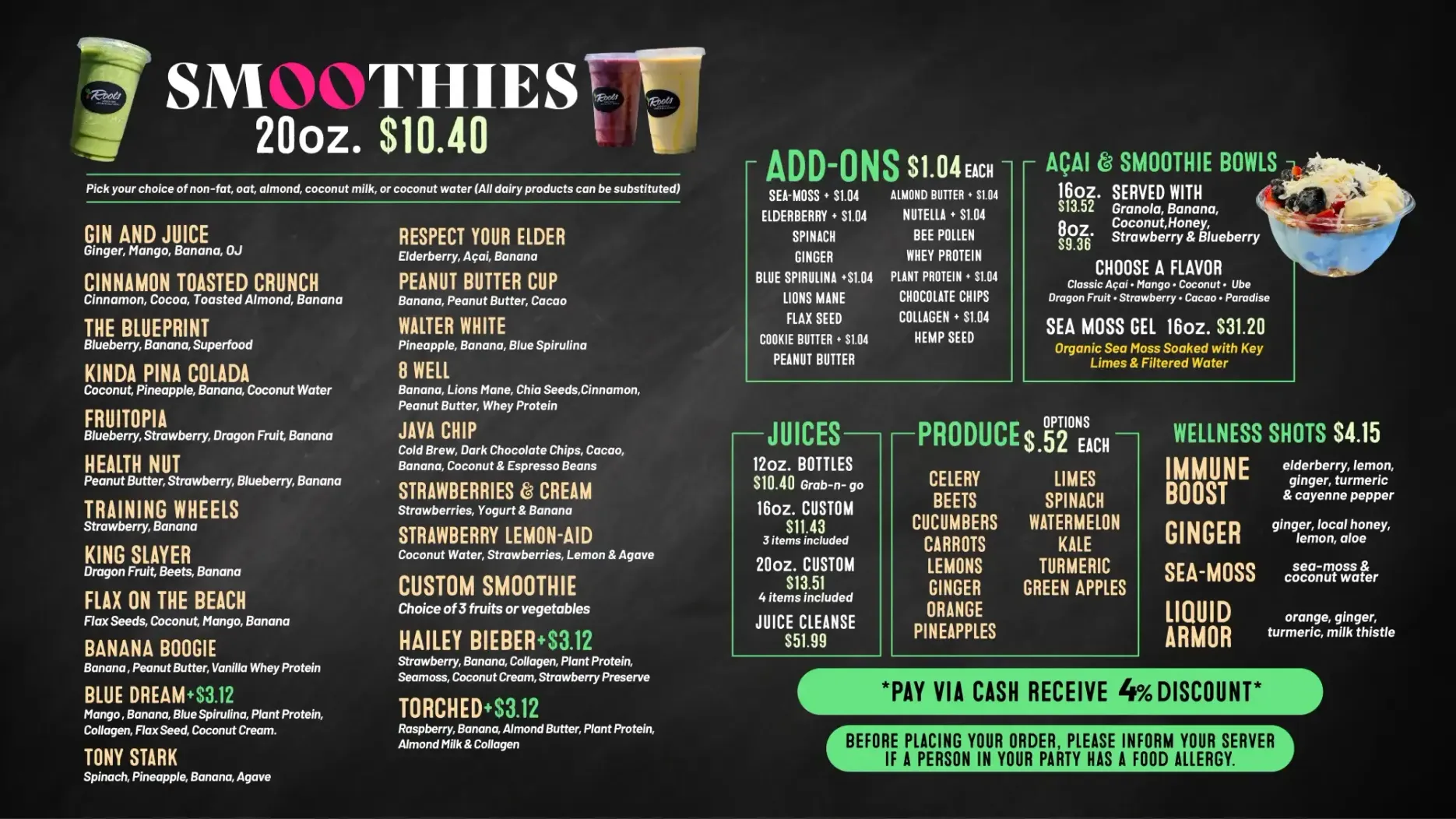 Roots Smoothie & Juice Bar Menu