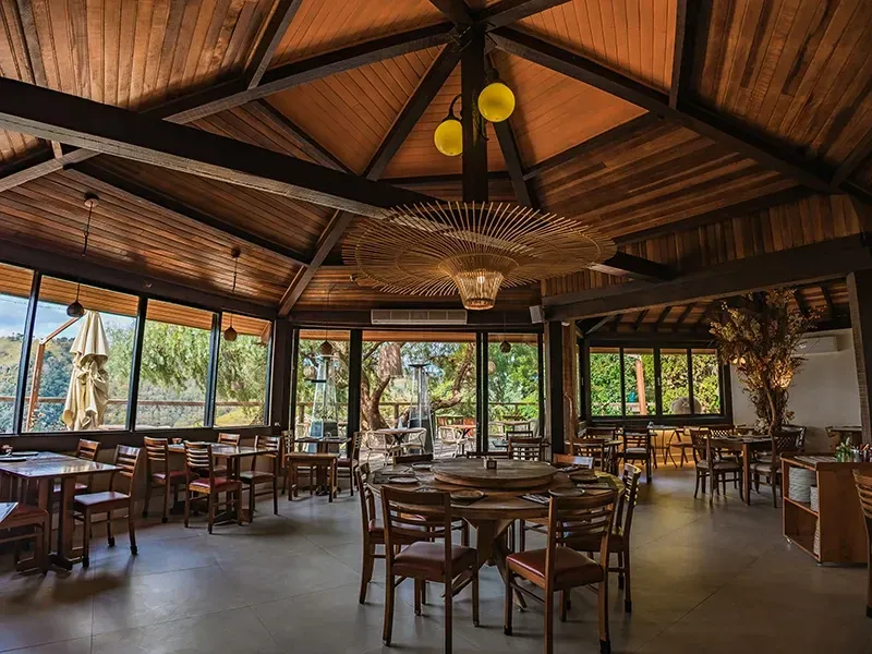 Interior de restaurante com tetos abobadados revestidos de madeira, mesas redondas com cadeiras de madeira e grandes janelas de vidro.
