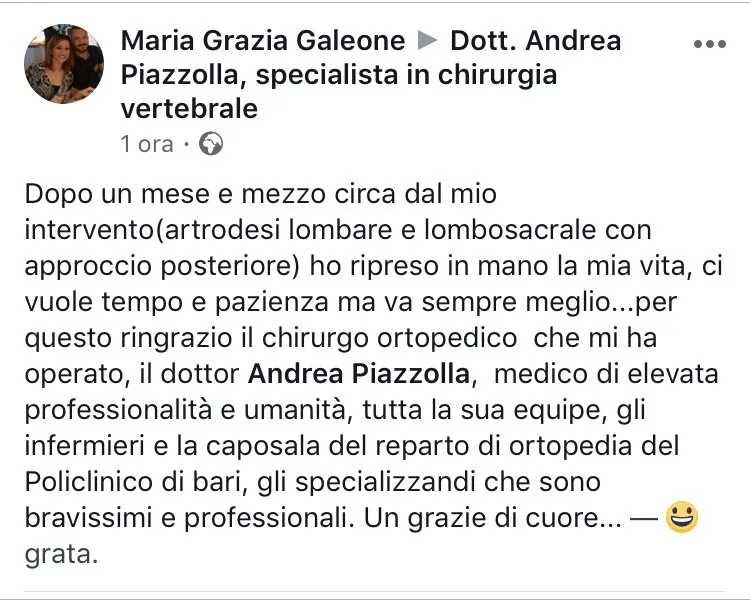 commenti entusiasti su facebook su intervento ortopedico
