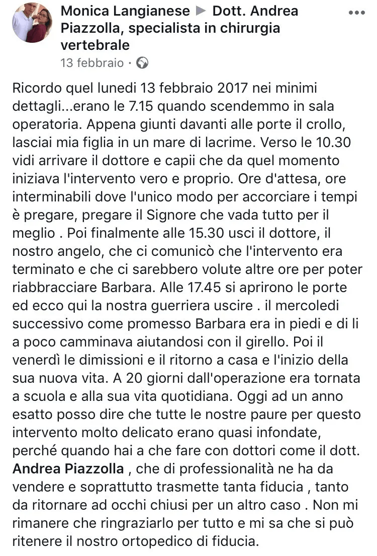 testimonianza su trattamento ortopedico