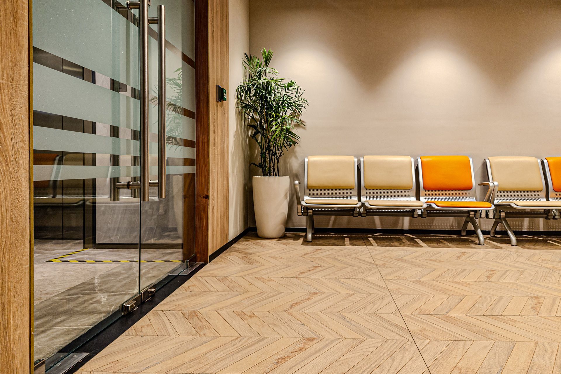 Modern office lobby with glass doors, beige chairs, a potted plant, and herringbone wood flooring