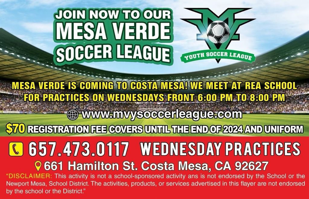 Youth Soccer League Announcement for May — Santa Ana, CA — Mesa Verde Youth Soccer League