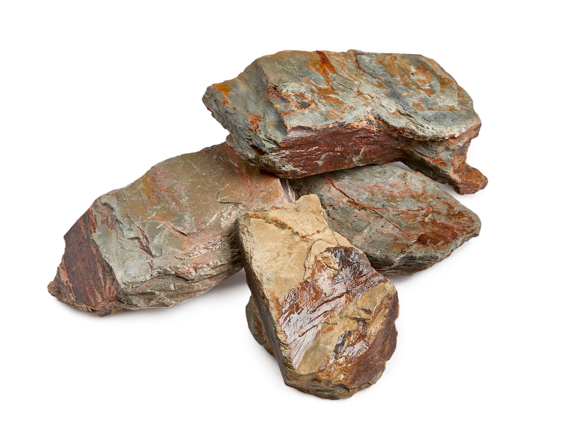 Pile of layered, reddish-brown and gray rocks on a white background.