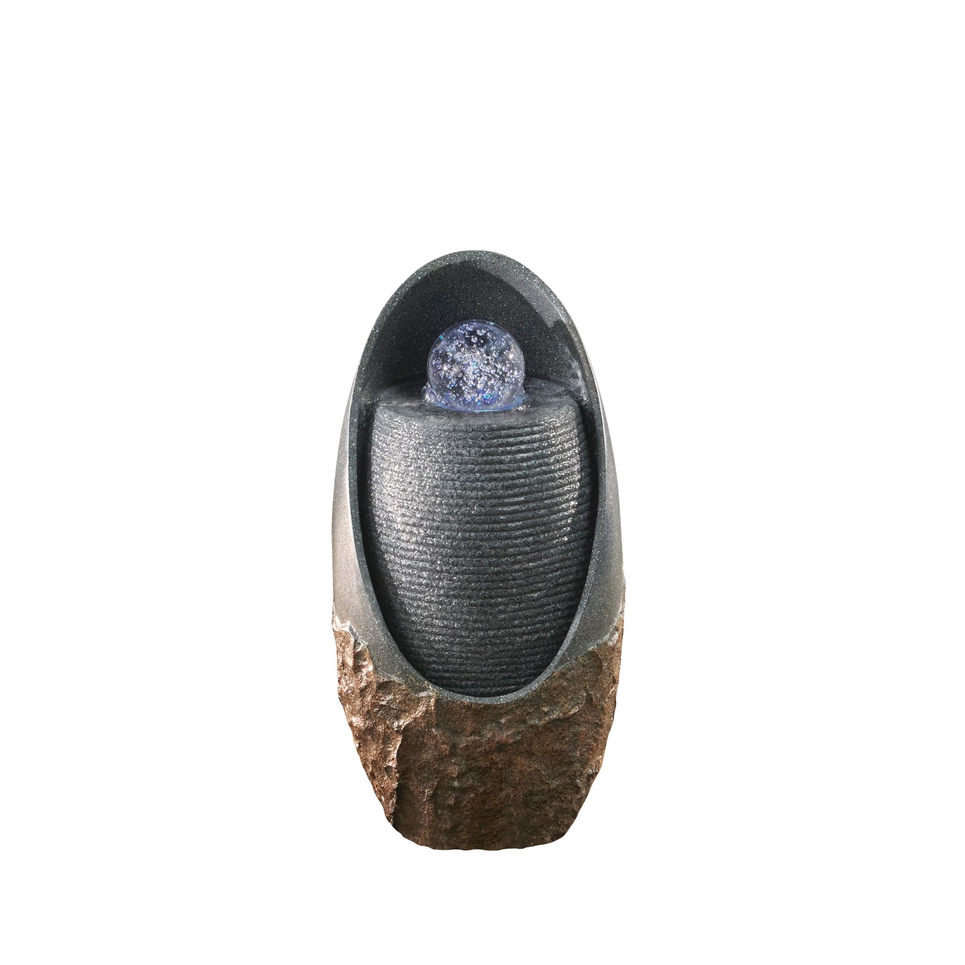 A decorative water fountain with a stone-like exterior and a blue globe at the top.