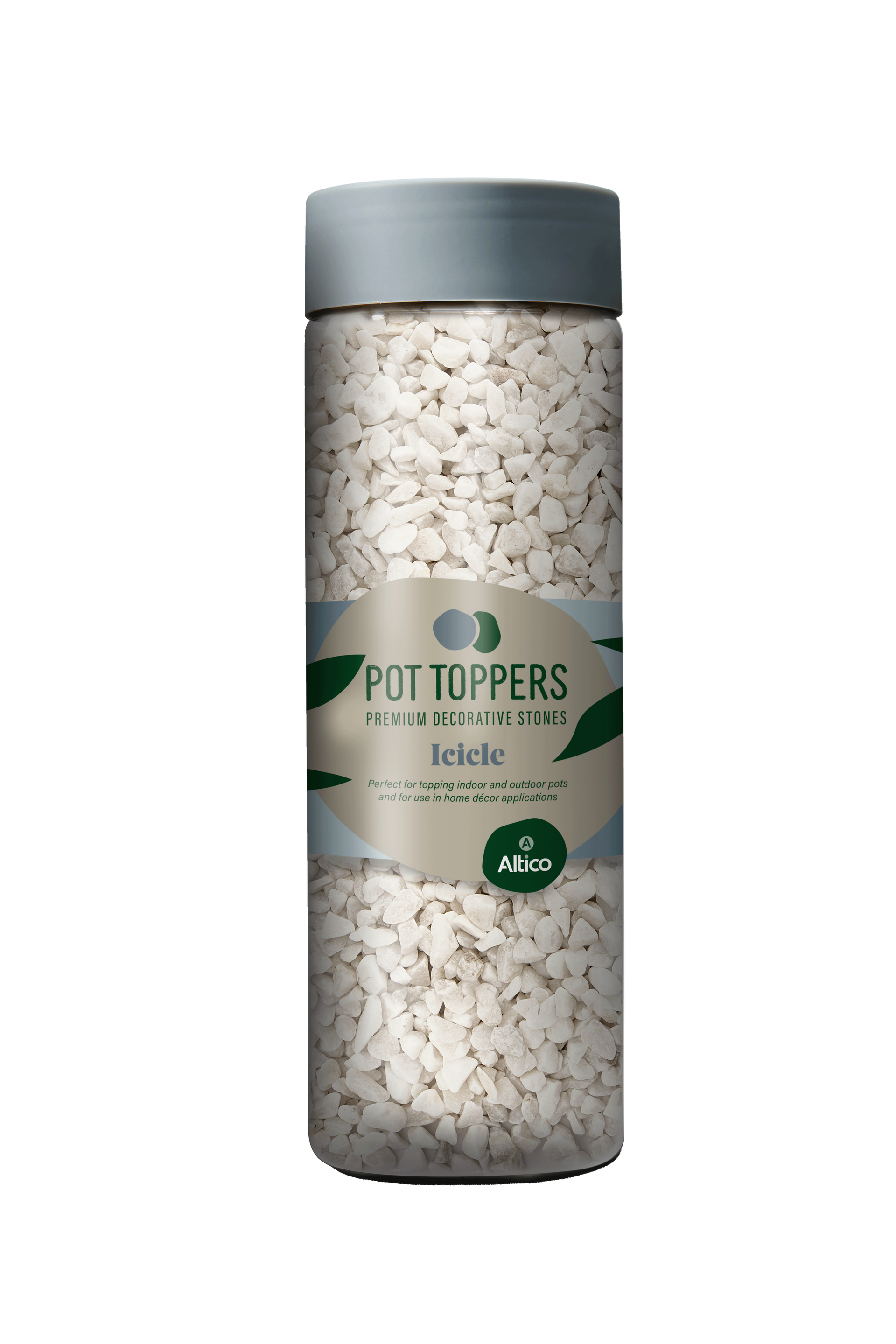 Clear plastic container of white pot toppers with a gray lid, product label.