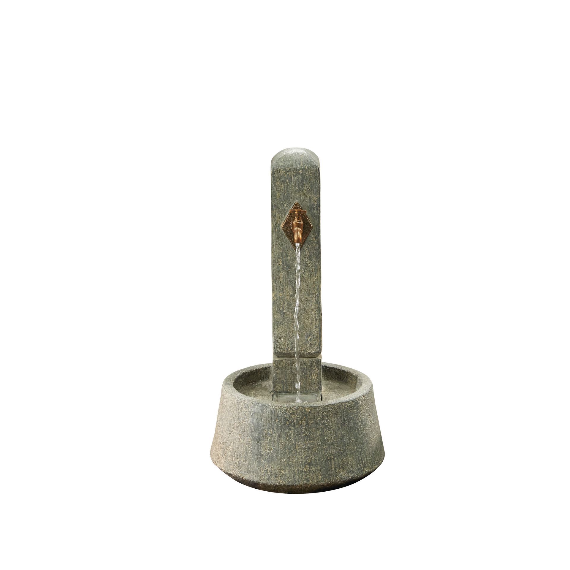Stone water fountain with water flowing from a brass spout into a circular basin.