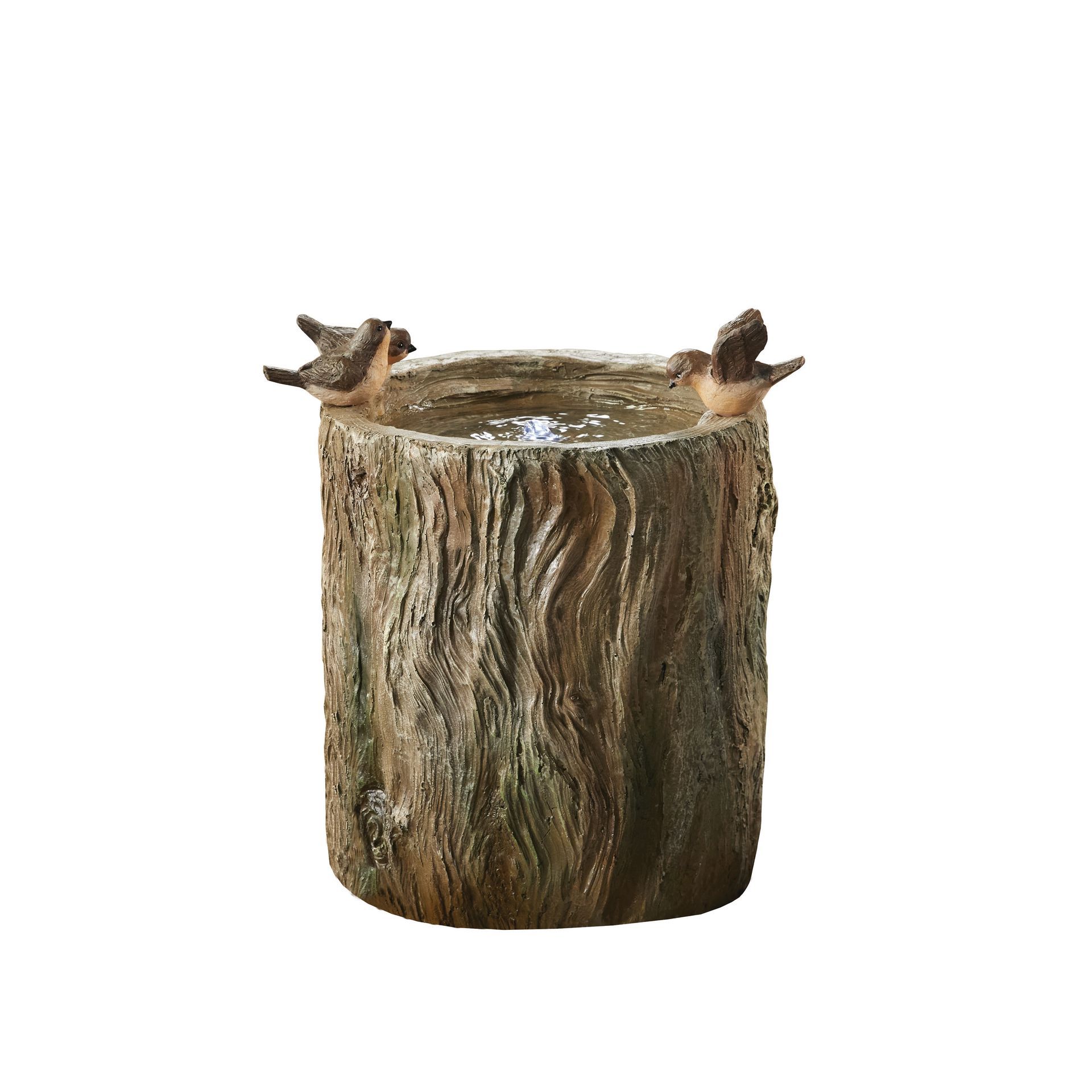 Bird bath, tree trunk design, with two birds perched on the rim.