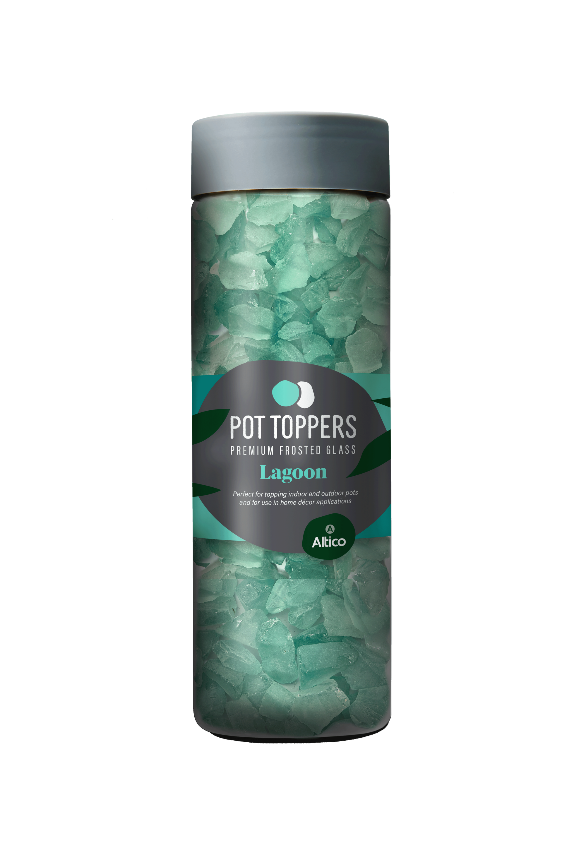 Bottle of light-blue plant pot toppers. Label reads 