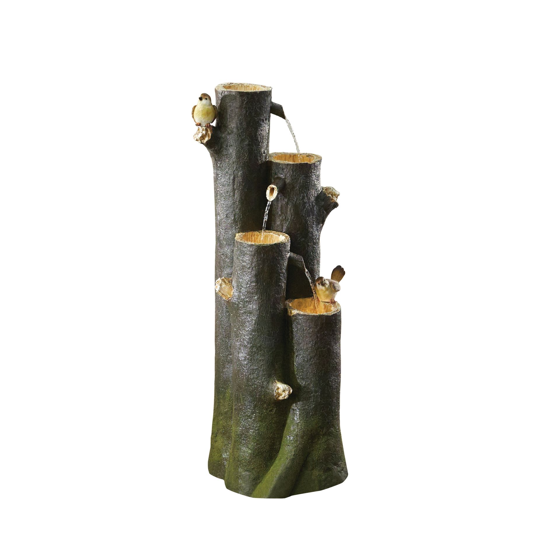Tree stump water fountain with cascading water.