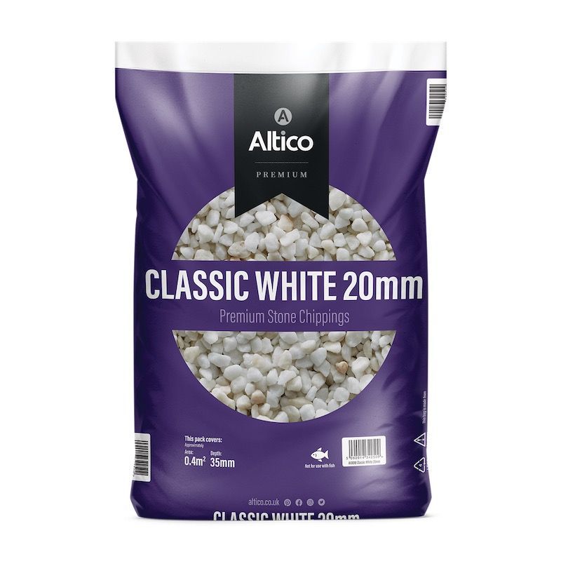 Bag of white gravel labeled 