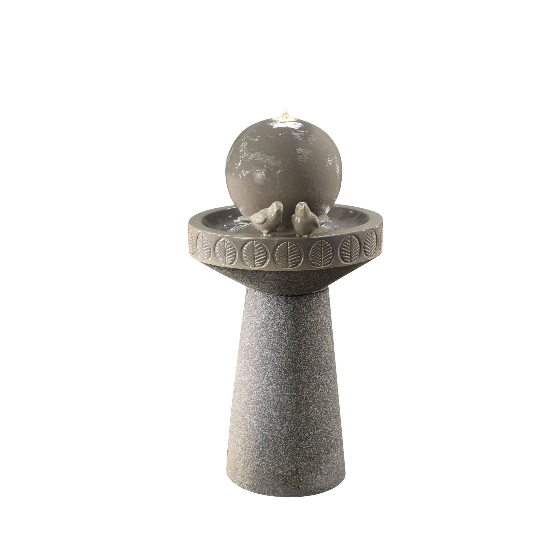 Stone fountain with sphere, birds, and pedestal, water flowing.