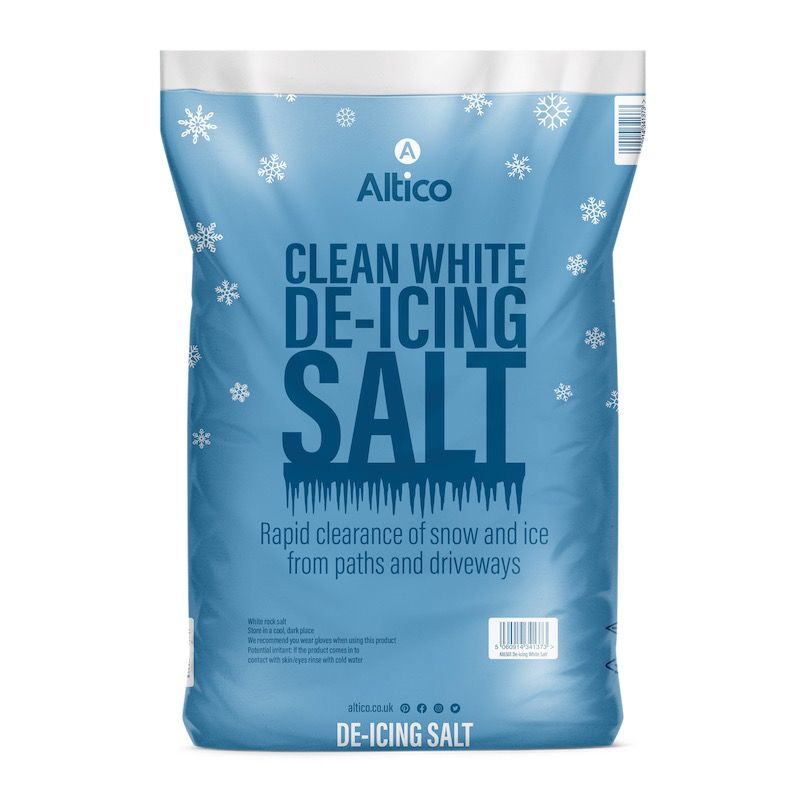 Bag of Altico clean white de-icing salt. Blue bag with snowflakes and text for paths and driveways.