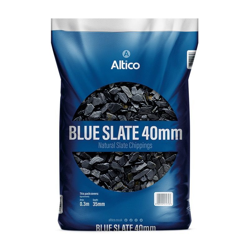 Bag of blue slate 40mm rock. The bag is white and blue with product details.