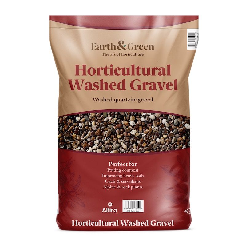 Bag of Earth & Green horticultural washed gravel; brown and red packaging with gravel visible.