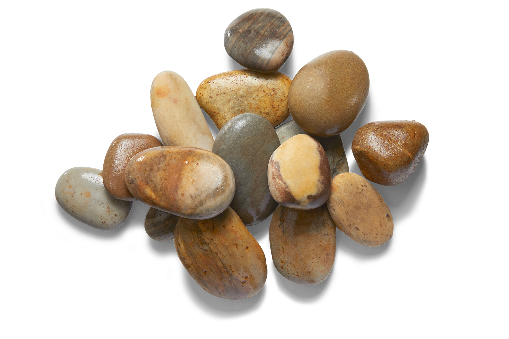 Pile of smooth, rounded river rocks in various colors, including brown, beige, and gray.