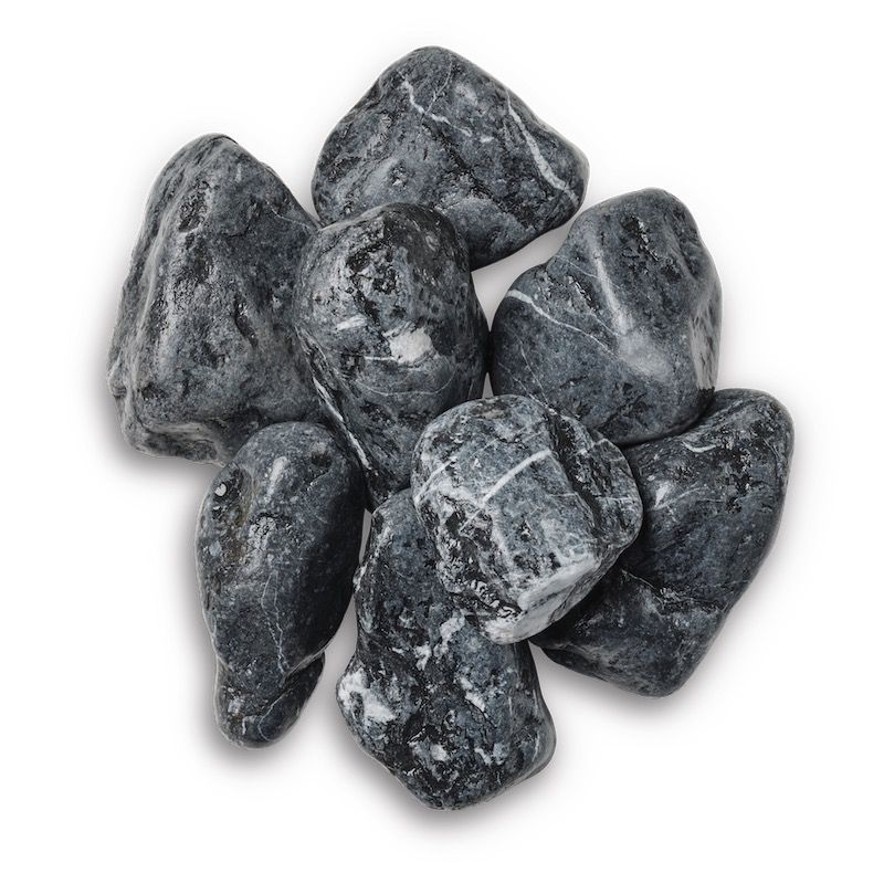 Pile of dark gray and white polished river rocks.