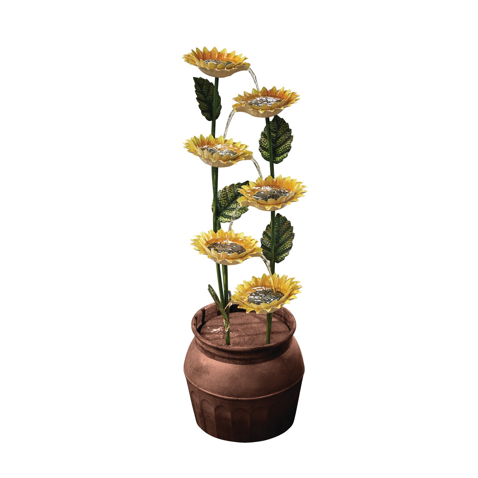 A metal sculpture of sunflowers in a brown pot, with yellow petals and green leaves.