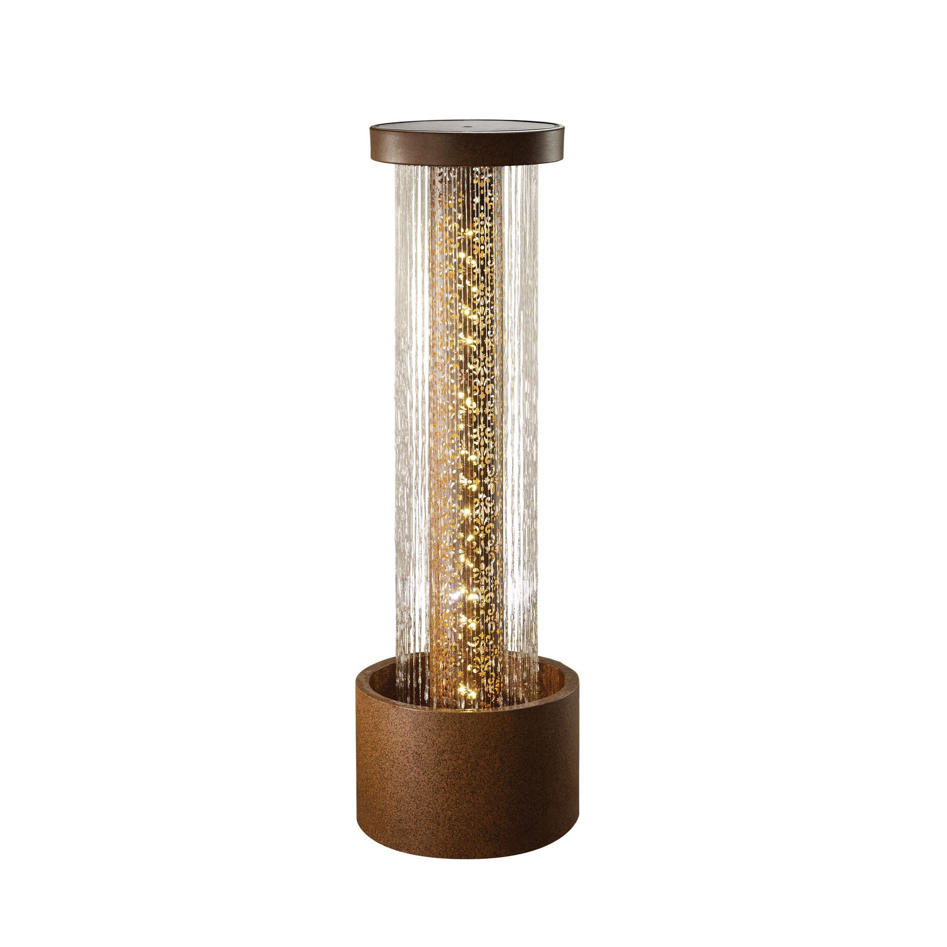 Brown and glass outdoor lamp with internal lights.