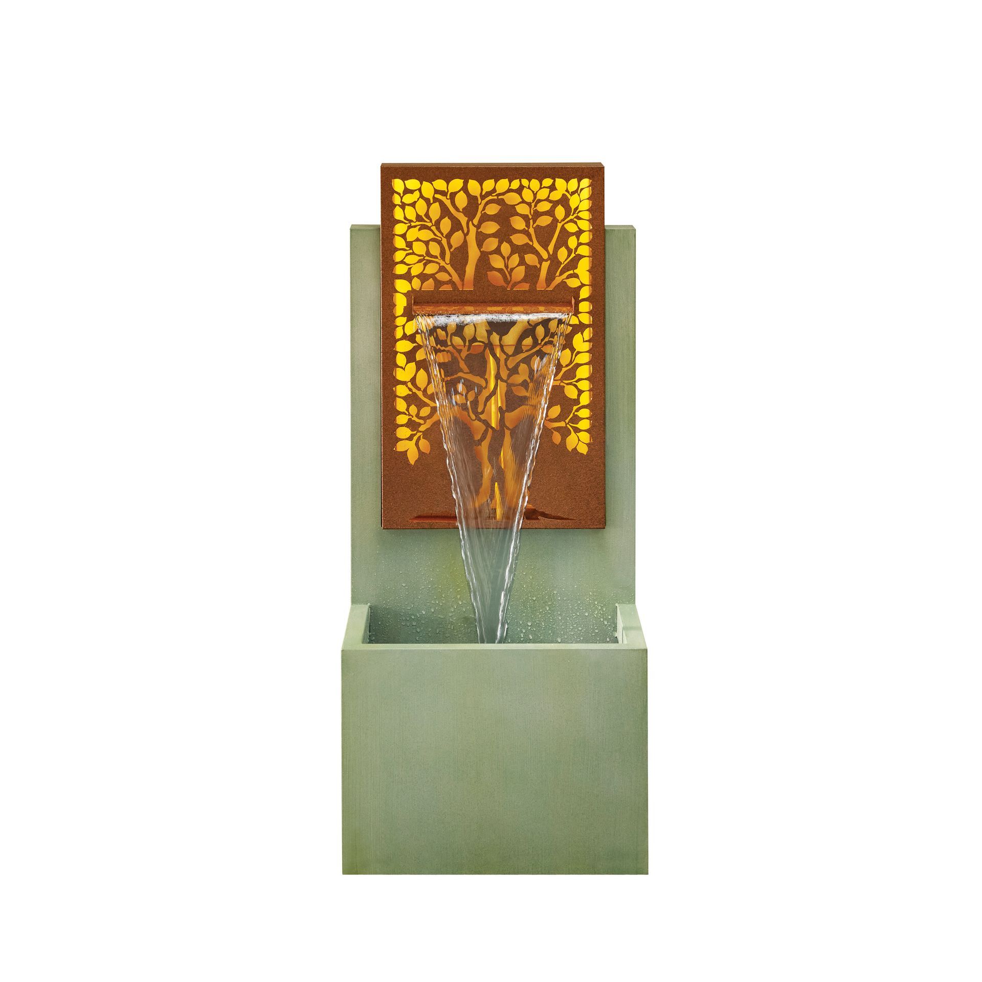 Outdoor water fountain with a tree design, water cascading down, and a green base.