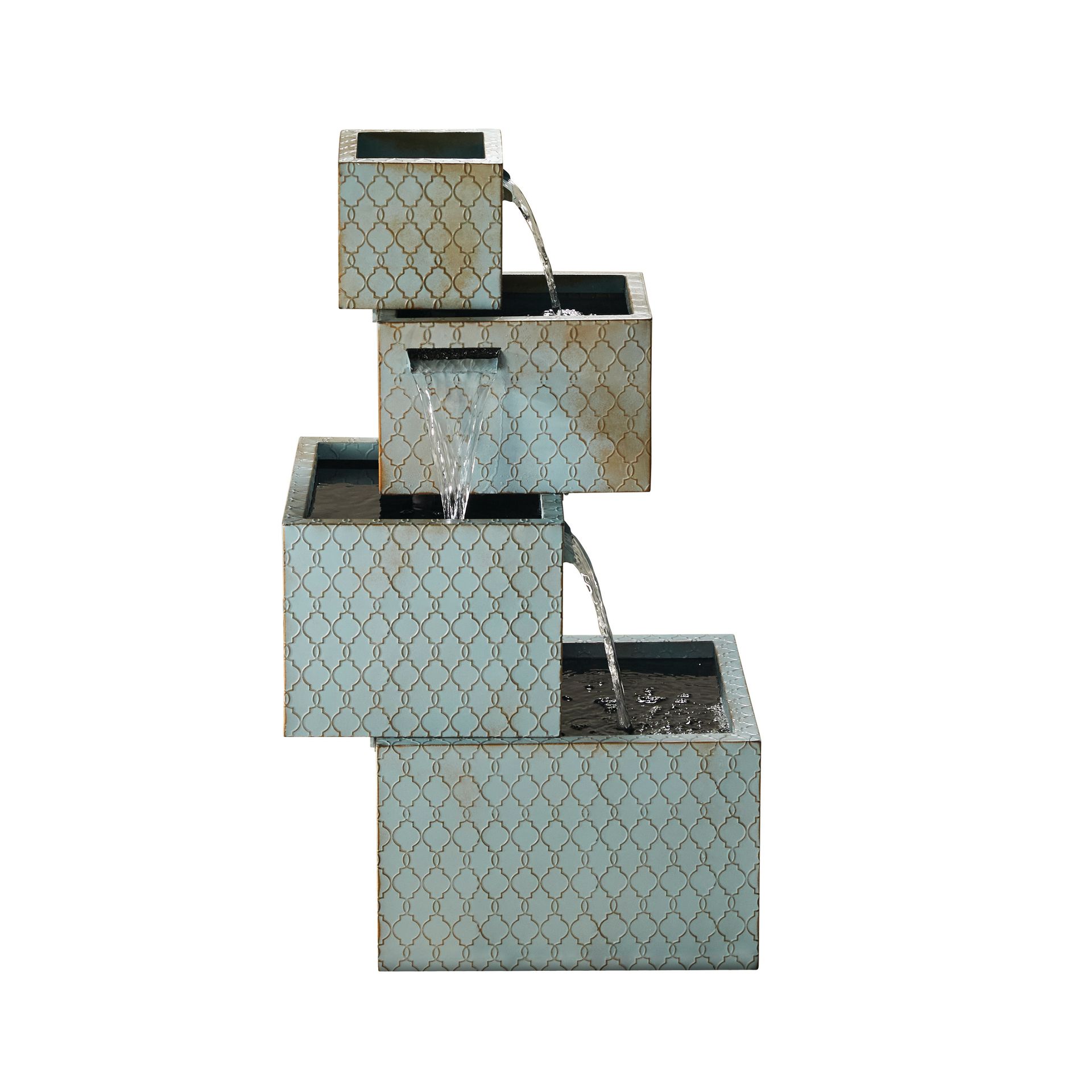Blue tiered outdoor water fountain with water flowing from each level.