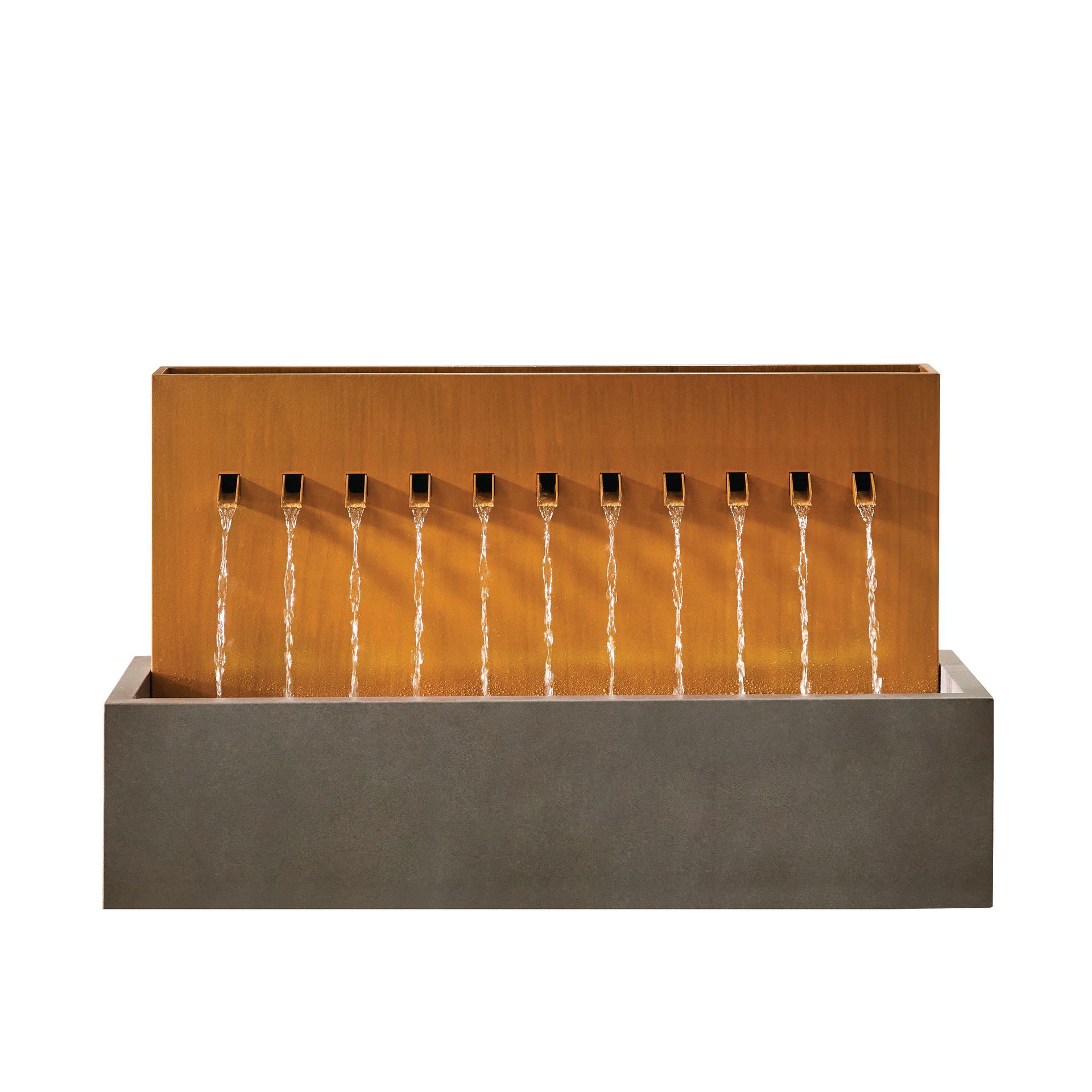 Water fountain with brown metal background, gray base, water flowing from taps.