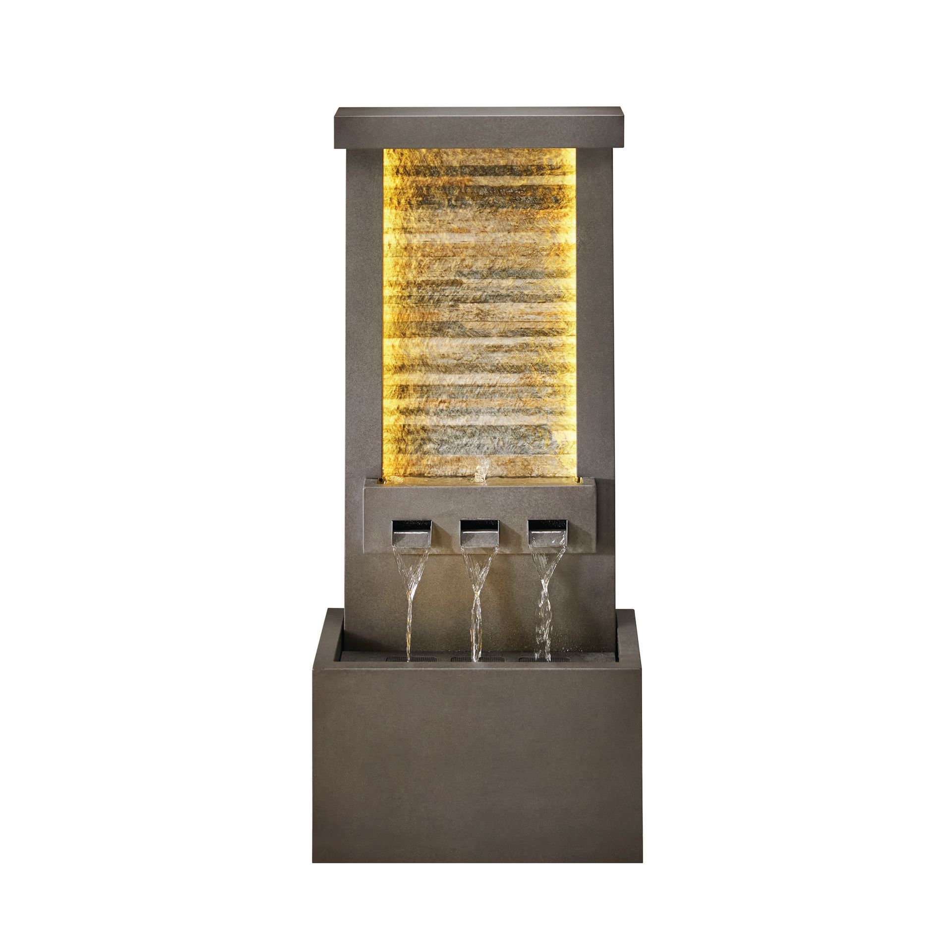Outdoor water fountain with three spouts, cascading water, and backlit textured panel.