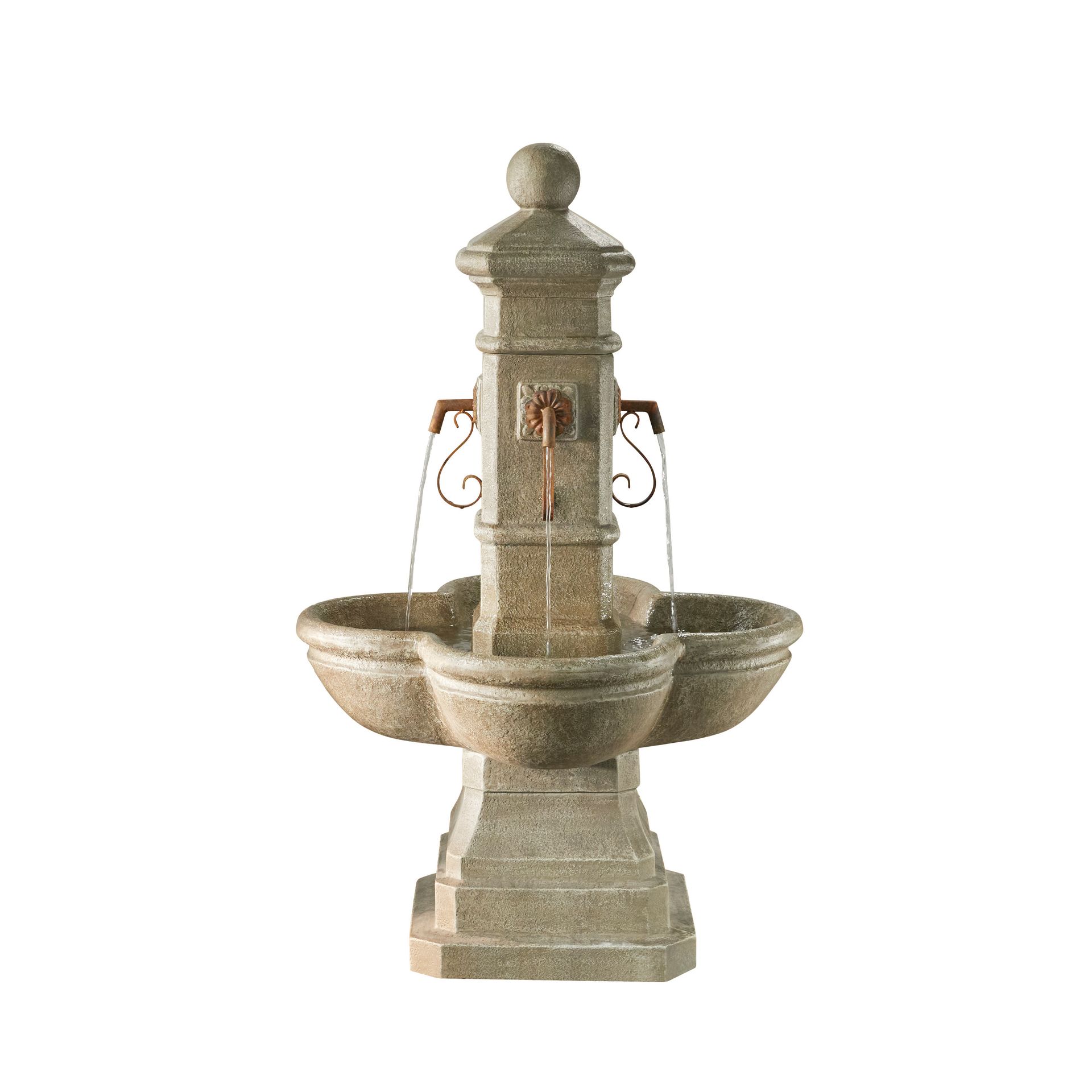 Granite outdoor water fountain with two bowls and copper spouts.
