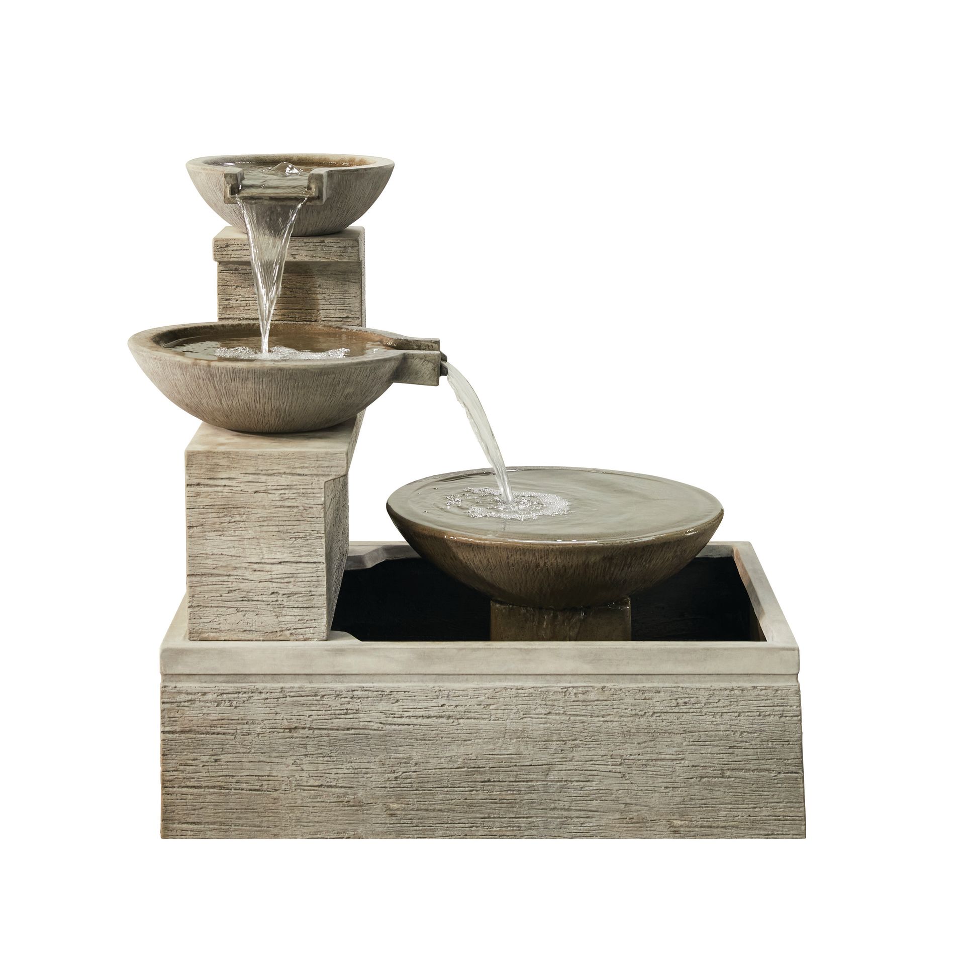 Stone-look tiered water fountain, water cascading from bowls to a basin.