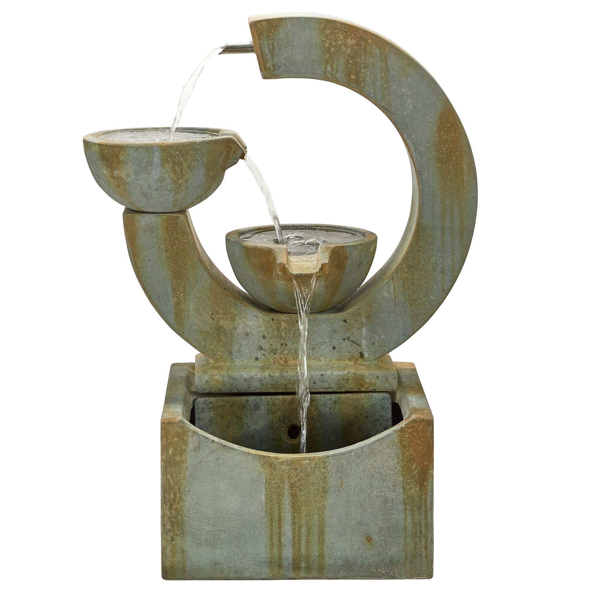 Stone fountain with cascading water, bowls stacked, arched support, square base, outdoor setting.