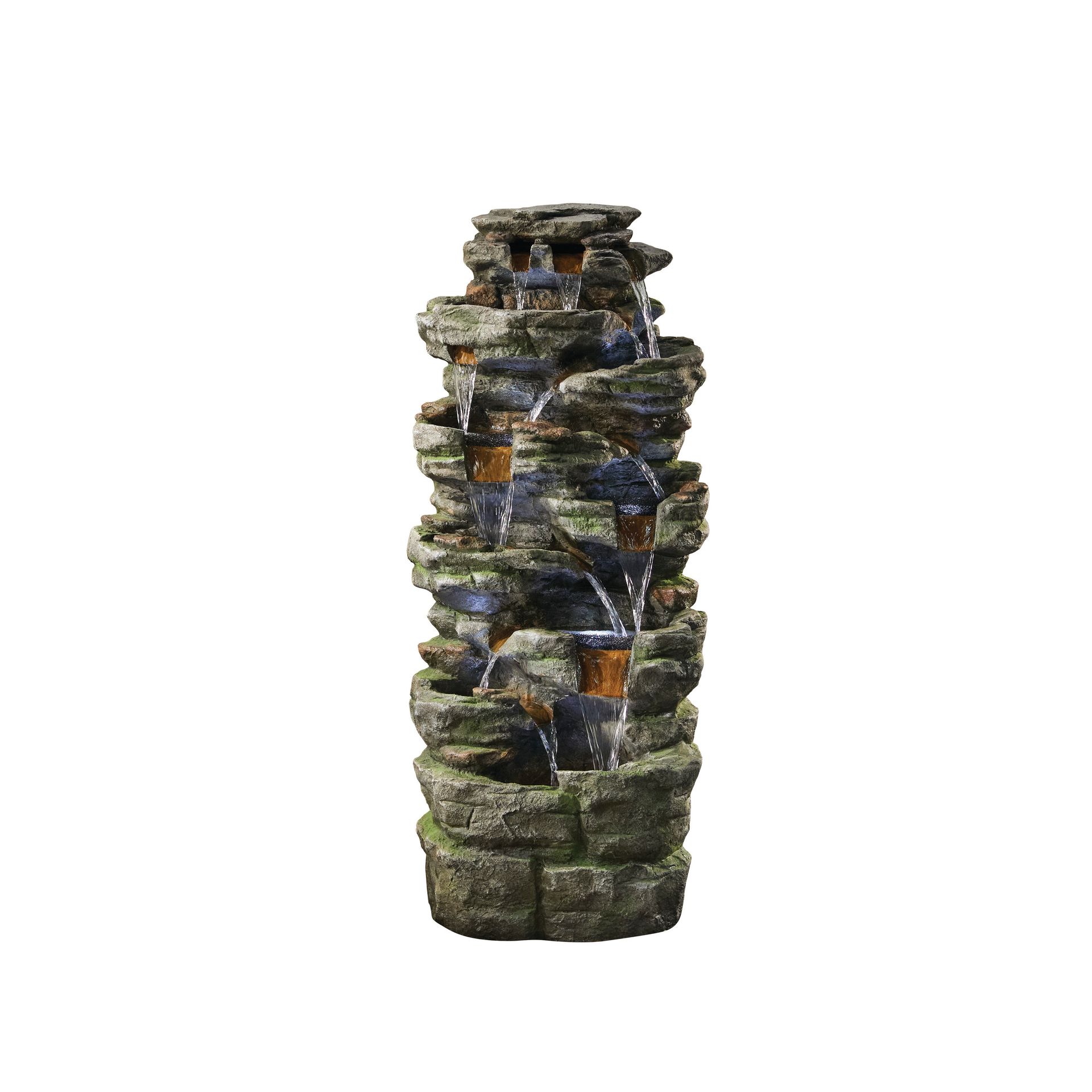Rock-like, multi-tiered outdoor water fountain with cascading water and built-in lights.