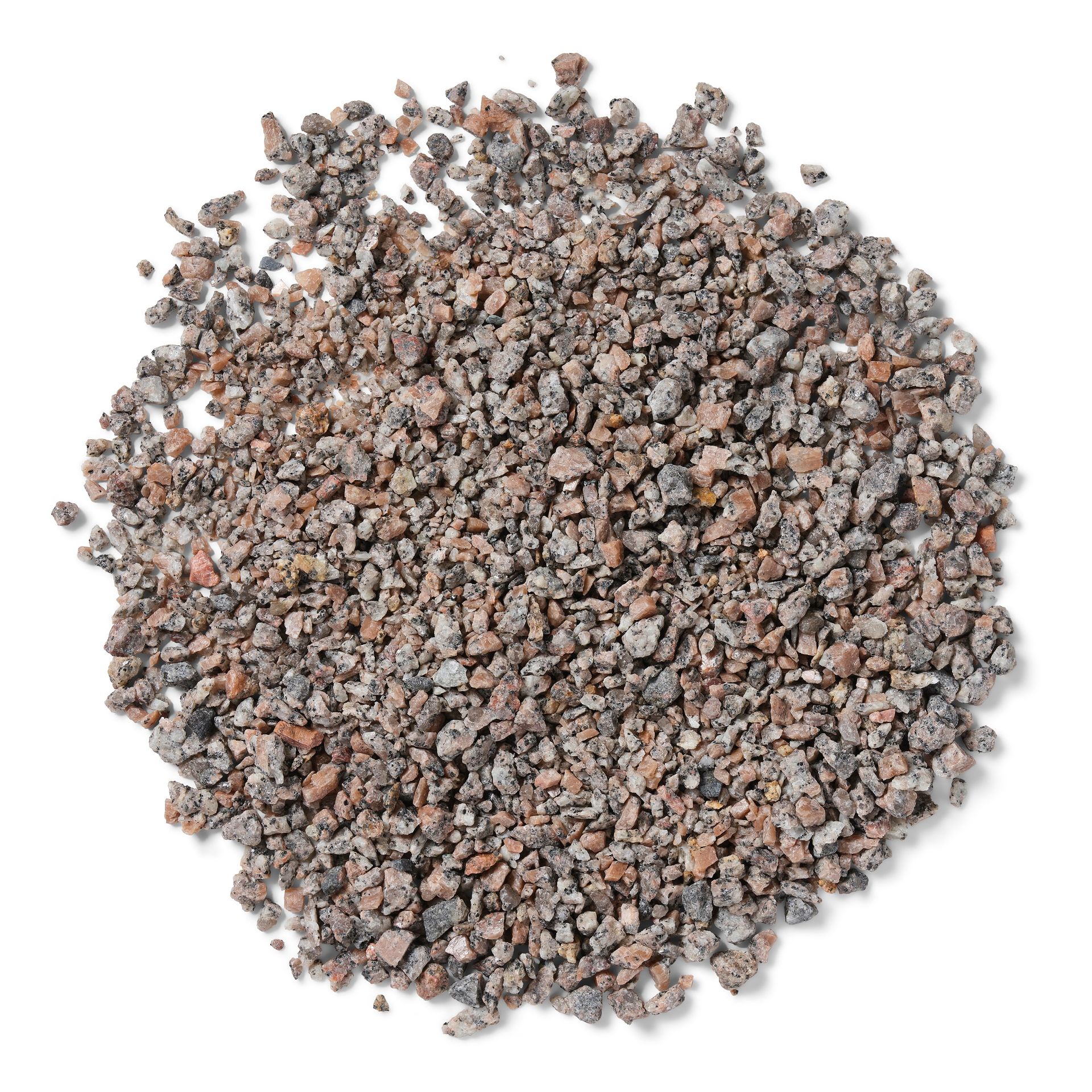 Pile of small, granular, reddish-gray rocks, possibly volcanic rock, on a white background.