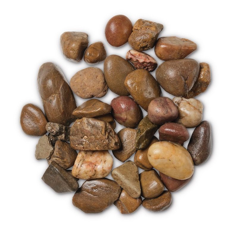 Pile of smooth, brown, and tan river rocks against a white background.