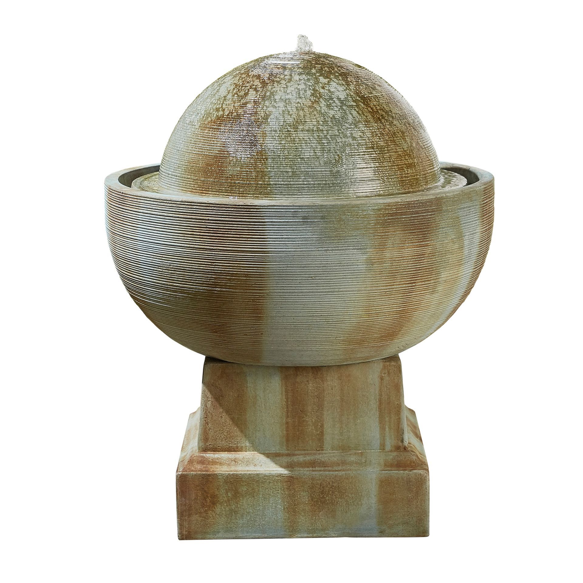 Stone water fountain with a sphere on top of a bowl, on a pedestal. Water flows from the sphere.