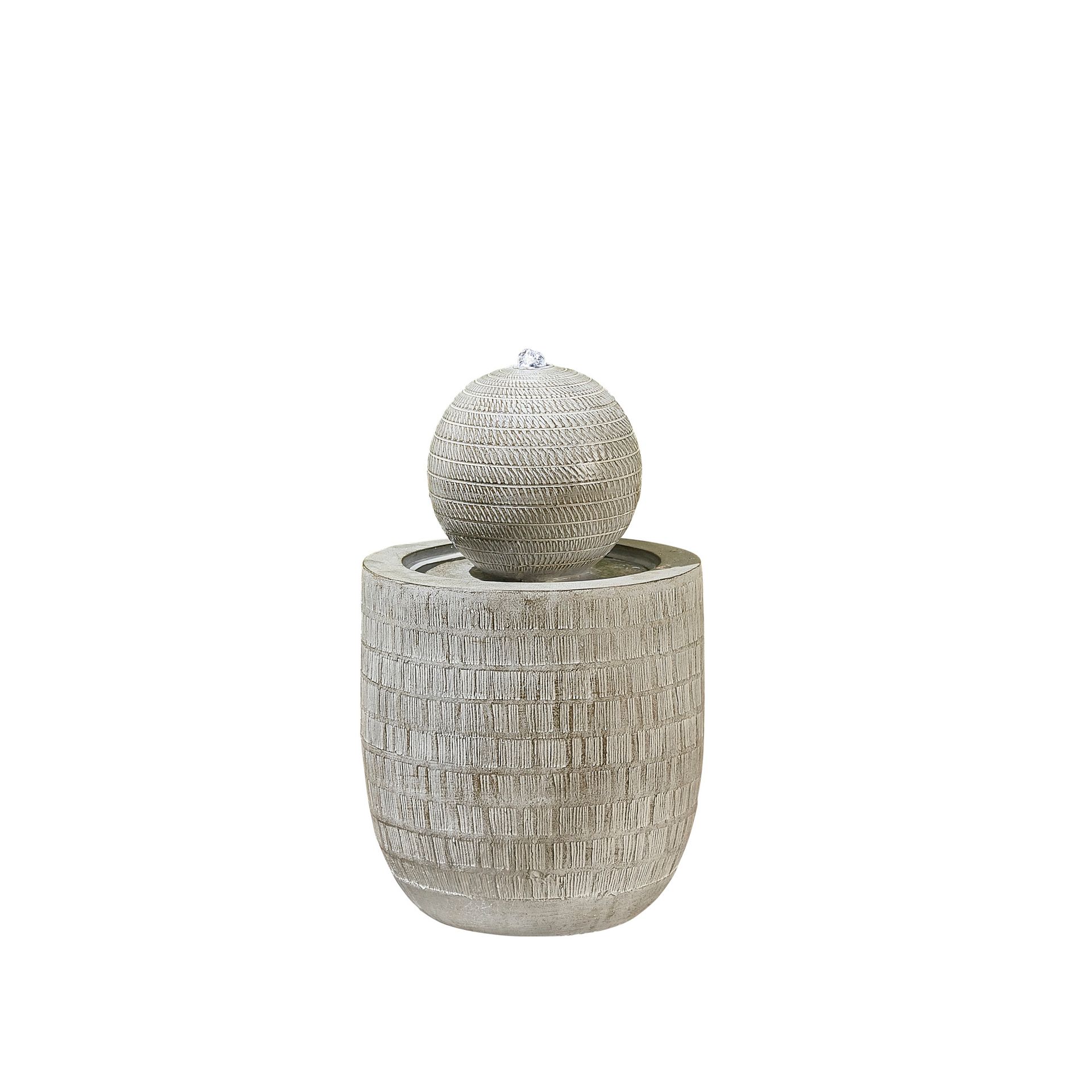 Textured silver stone fountain with a sphere at the top.
