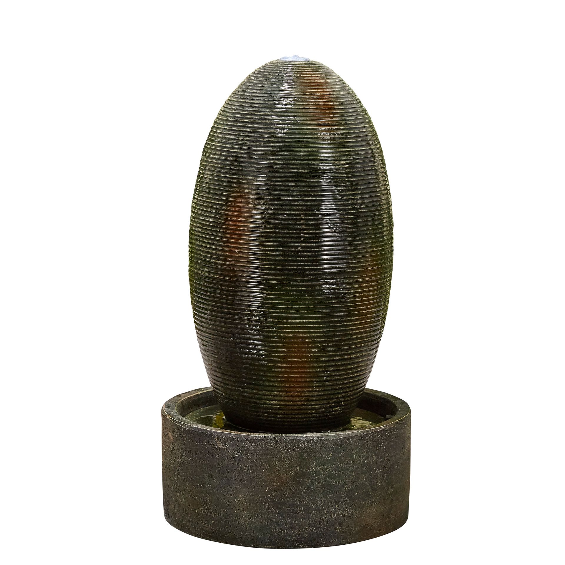 Water fountain shaped like an egg, made of dark stone, water trickling down the sides, set in a stone base.