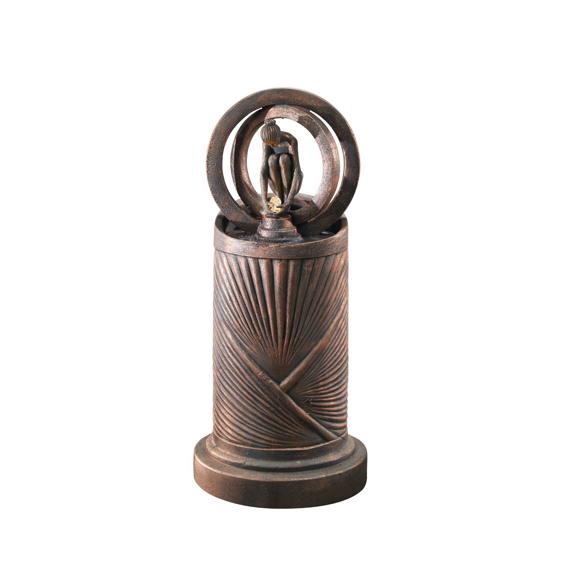 Bronze sculpture of a seated figure in a double ring on a cylindrical, textured pedestal.