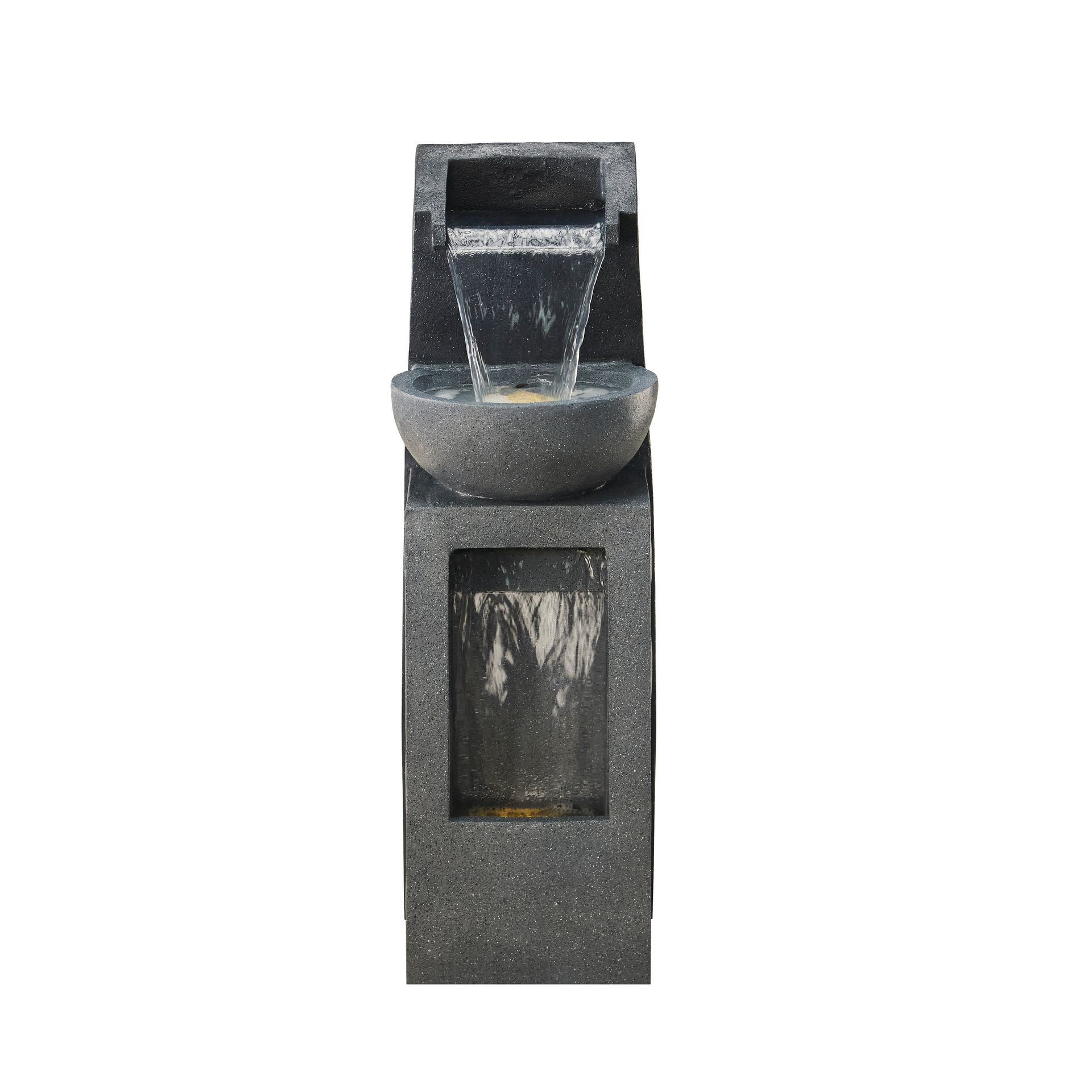 Black stone water fountain with cascading water features.