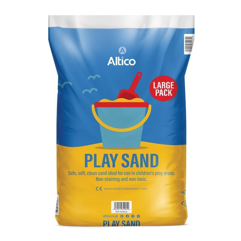 Bag of play sand with blue sky graphic, bucket, and shovel on a yellow background.