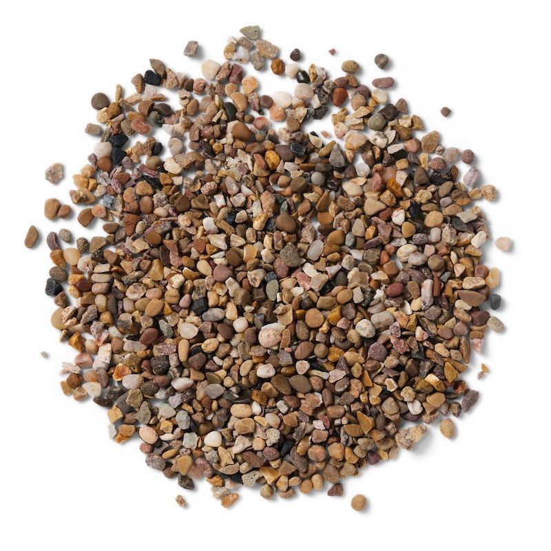 Pile of small, rounded pebbles in shades of brown, tan, and gray on a white background.