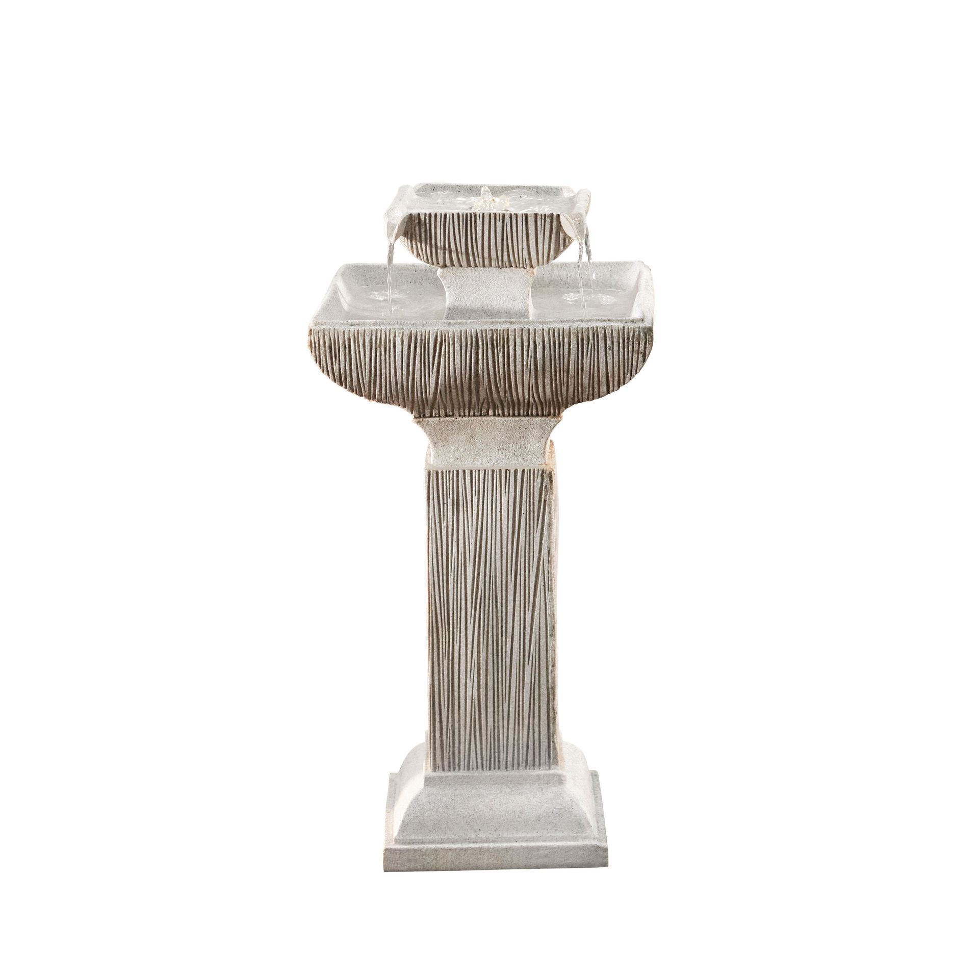 Stone fountain with water cascading from upper basin to lower, on a pedestal base.